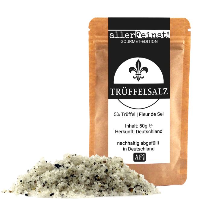 Premium Trüffelsalz mit 5% Trüffel | Gourmet Fleur de Sel Trüffelgewürz | Echter Sommertrüffel | Tuber aestivum - 50g