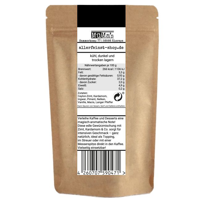 Premium Kaffee Gewürz | Mokka Gewürzmischung | Cappuccino u. Latte Macchiato Topping | arabischer Kaffeegenuss mit Ceylon-Zimt, Kardamom, Vanille, etc. - 80g