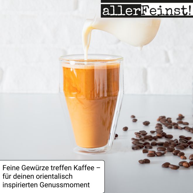Premium Kaffee Gewürz | Mokka Gewürzmischung | Cappuccino u. Latte Macchiato Topping | arabischer Kaffeegenuss mit Ceylon-Zimt, Kardamom, Vanille, etc. - 80g