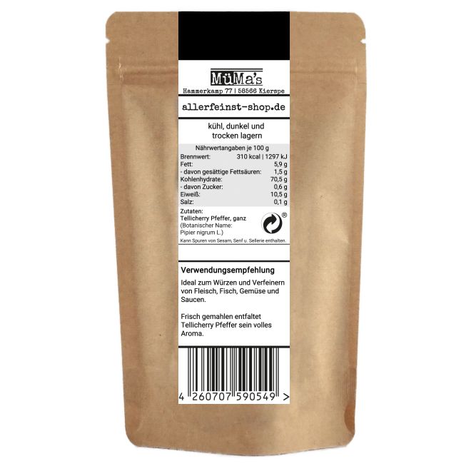 Tellicherry Pfeffer ganz | Premium schwarzer Pfeffer aus Indien (Piper nigrum L.) | Aromatisch, nussig & leicht scharf - 80g