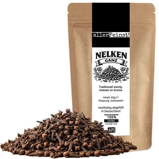 Ganze Gewürznelken | intensives Nelken Aroma für Rotkohl, Wild, Glühwein, Chai, Gebäck, und Marinaden - aromatisches Gewürz für süße und herzhafte Rezepte - 60g