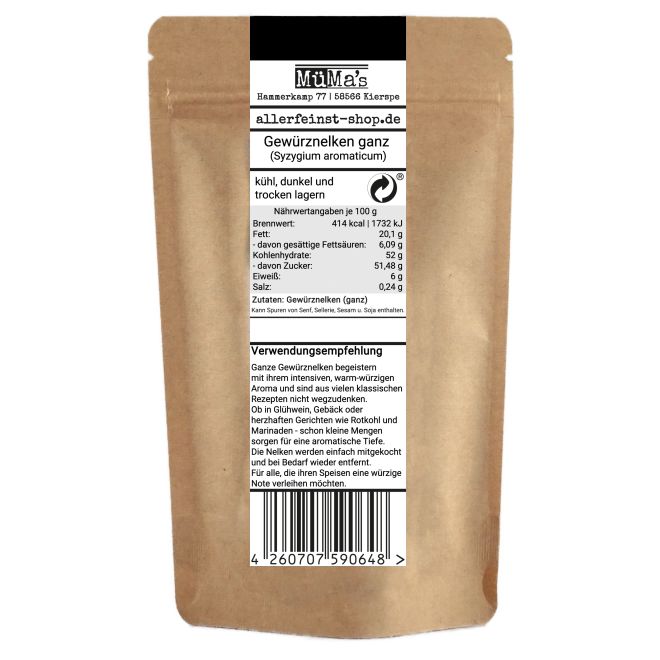 Ganze Gewürznelken | intensives Nelken Aroma für Rotkohl, Wild, Glühwein, Chai, Gebäck, und Marinaden - aromatisches Gewürz für süße und herzhafte Rezepte - 60g