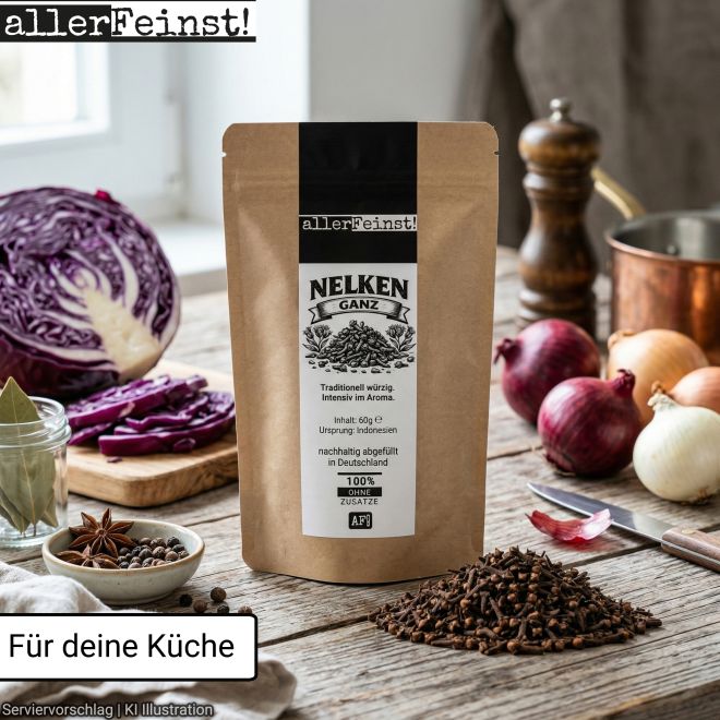 Ganze Gewürznelken | intensives Nelken Aroma für Rotkohl, Wild, Glühwein, Chai, Gebäck, und Marinaden - aromatisches Gewürz für süße und herzhafte Rezepte - 60g