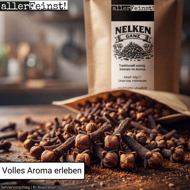 Ganze Gewürznelken | intensives Nelken Aroma für Rotkohl, Wild, Glühwein, Chai, Gebäck, und Marinaden - aromatisches Gewürz für süße und herzhafte Rezepte - 60g