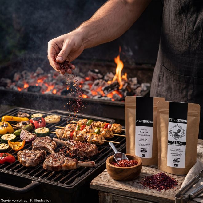 Gewürz Set - Feine Aromen des Südens - Säure & Schärfe - Premium Sumach Pulver (125g) und Pul Biber Premium Aleppo Pepper (100g)