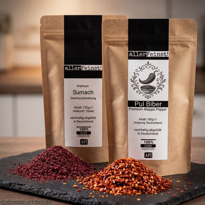 Gewürz Set - Feine Aromen des Südens - Säure & Schärfe - Premium Sumach Pulver (125g) und Pul Biber Premium Aleppo Pepper (100g)