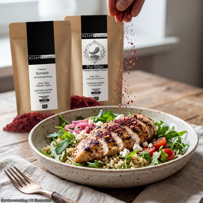 Gewürz Set - Feine Aromen des Südens - Säure & Schärfe - Premium Sumach Pulver (125g) und Pul Biber Premium Aleppo Pepper (100g)