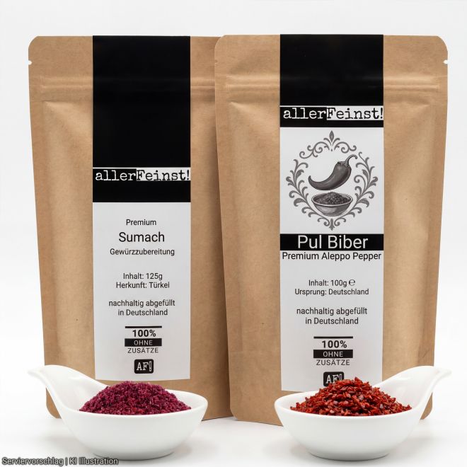 Gewürz Set - Feine Aromen des Südens - Säure & Schärfe - Premium Sumach Pulver (125g) und Pul Biber Premium Aleppo Pepper (100g)