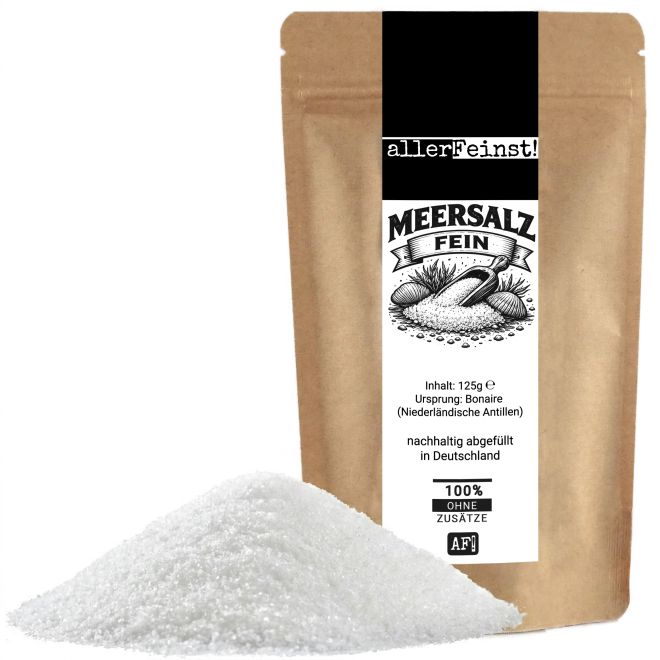 Meersalz fein aus Bonaire | Naturbelassenes Premium Meersalz ohne Zusätze | Feines Gourmetsalz für Küche, BBQ & Feinkost – 125 g