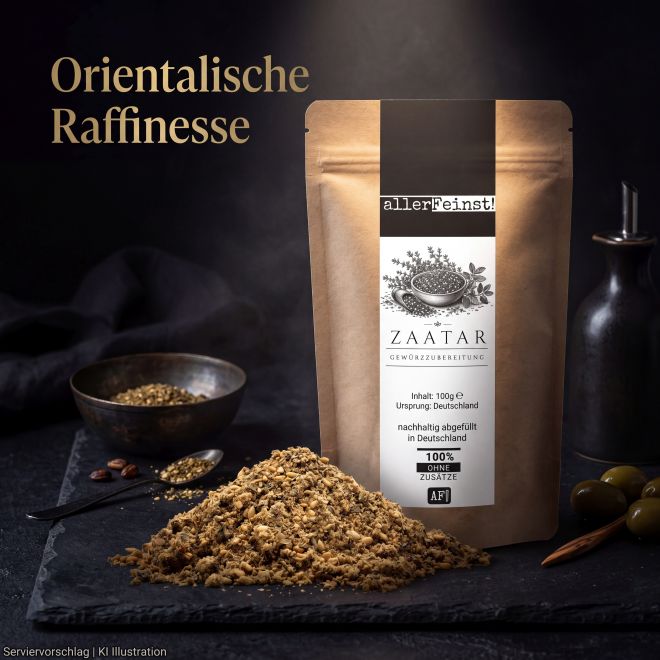 Premium Zaatar | Traditionelle orientalische Gewürzzubereitung für Hummus, Joghurt-Dips, Bowls | mit Sesam, Sumach & Thymian | Dips, Fladenbrot, Salate und Gemüse - 100g