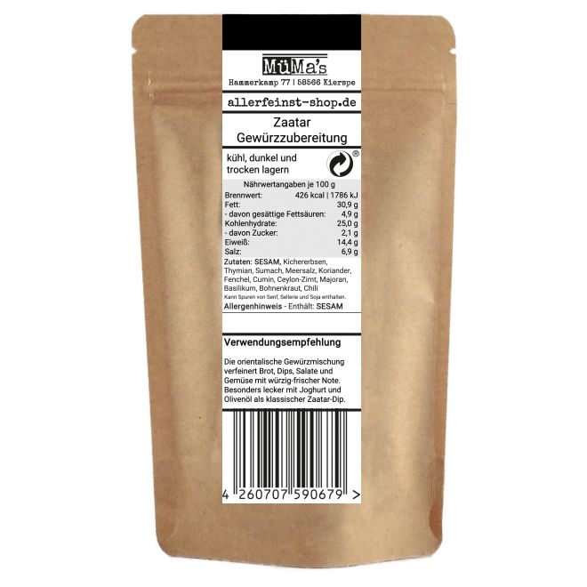 Premium Zaatar | Traditionelle orientalische Gewürzzubereitung für Hummus, Joghurt-Dips, Bowls | mit Sesam, Sumach & Thymian | Dips, Fladenbrot, Salate und Gemüse - 100g