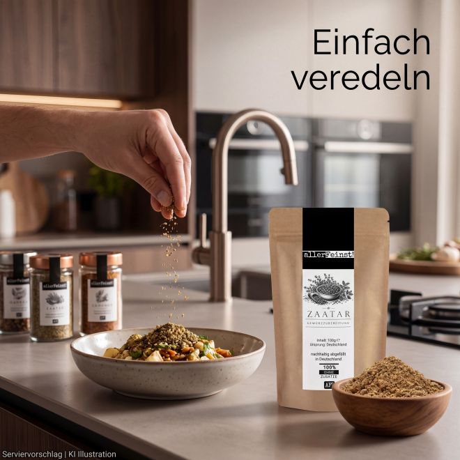Premium Zaatar | Traditionelle orientalische Gewürzzubereitung für Hummus, Joghurt-Dips, Bowls | mit Sesam, Sumach & Thymian | Dips, Fladenbrot, Salate und Gemüse - 100g