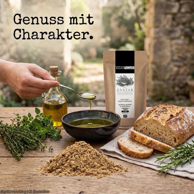 Premium Zaatar | Traditionelle orientalische Gewürzzubereitung für Hummus, Joghurt-Dips, Bowls | mit Sesam, Sumach & Thymian | Dips, Fladenbrot, Salate und Gemüse - 100g