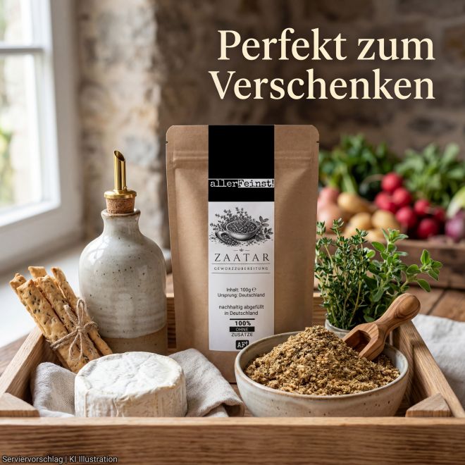 Premium Zaatar | Traditionelle orientalische Gewürzzubereitung für Hummus, Joghurt-Dips, Bowls | mit Sesam, Sumach & Thymian | Dips, Fladenbrot, Salate und Gemüse - 100g