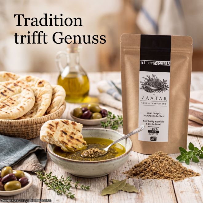 Premium Zaatar | Traditionelle orientalische Gewürzzubereitung für Hummus, Joghurt-Dips, Bowls | mit Sesam, Sumach & Thymian | Dips, Fladenbrot, Salate und Gemüse - 100g