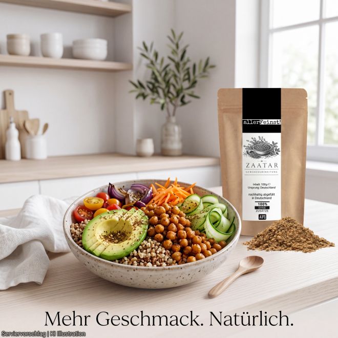 Premium Zaatar | Traditionelle orientalische Gewürzzubereitung für Hummus, Joghurt-Dips, Bowls | mit Sesam, Sumach & Thymian | Dips, Fladenbrot, Salate und Gemüse - 100g
