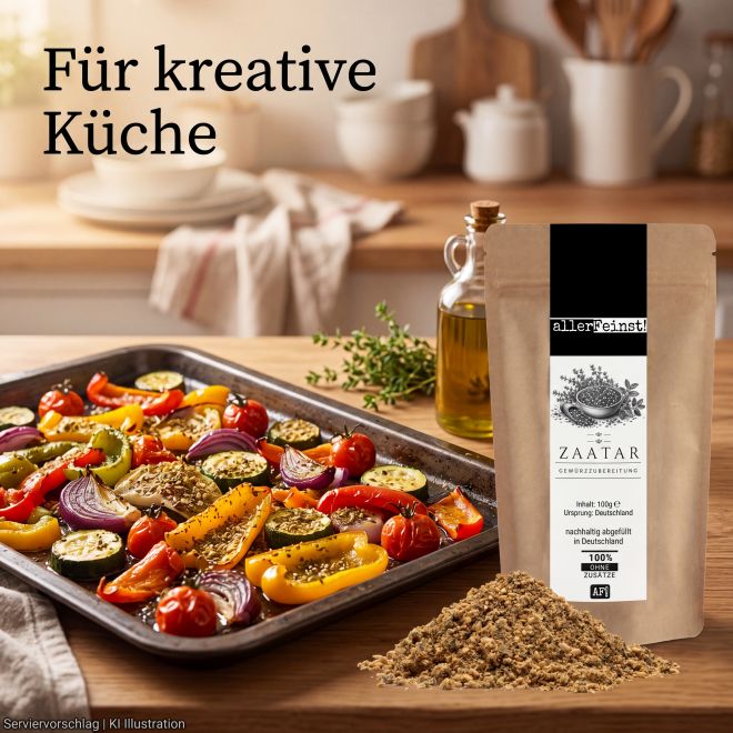 Premium Zaatar | Traditionelle orientalische Gewürzzubereitung für Hummus, Joghurt-Dips, Bowls | mit Sesam, Sumach & Thymian | Dips, Fladenbrot, Salate und Gemüse - 100g