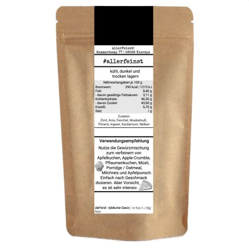 Apfelkuchen Gewürz ohne Zuckerzusatz für Apfel, Kuchen, Gewürzkuchen, Oatmeal, Porridge und mehr - 100g