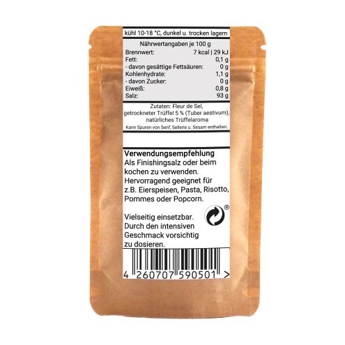 Premium Trüffelsalz mit 5% Trüffel | Gourmet Fleur de Sel Trüffelgewürz | Echter Sommertrüffel | Tuber aestivum - 50g