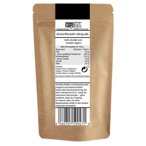 Premium Kaffee Gewürz | Mokka Gewürzmischung | Cappuccino u. Latte Macchiato Topping | arabischer Kaffeegenuss mit Ceylon-Zimt, Kardamom, Vanille, etc. - 80g