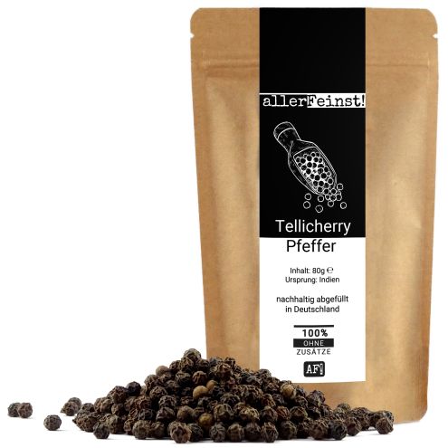 Tellicherry Pfeffer ganz | Premium schwarzer Pfeffer aus Indien (Piper nigrum L.) | Aromatisch, nussig & leicht scharf - 80g