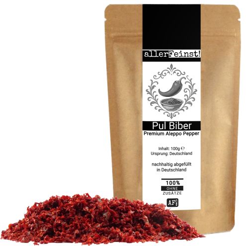 Pul Biber Premium Aleppo Pepper - Hochwertige Gewürz-Chili - Flocken mit Rapsöl & Meersalz - 100g