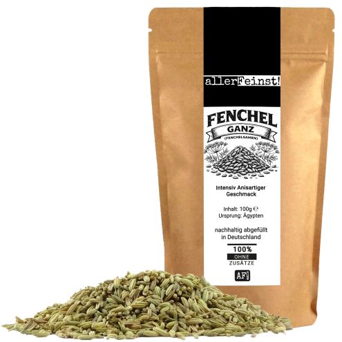 Fenchelsamen Ganz - Aromatisch & Würzig | Foeniculum vulgare | Intensiv anisartiger Geschmack | Gewürz für Küche, Tee & mehr - 100g