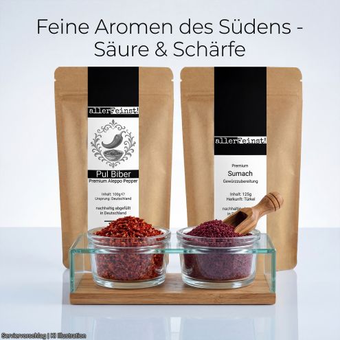 Gewürz Set - Feine Aromen des Südens - Säure & Schärfe - Premium Sumach Pulver (125g) und Pul Biber Premium Aleppo Pepper (100g)