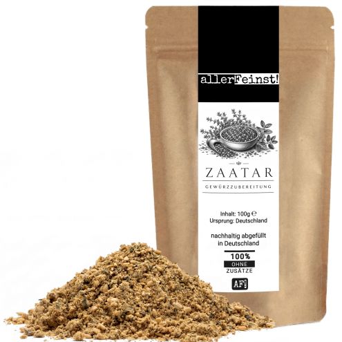 Premium Zaatar | Traditionelle orientalische Gewürzzubereitung für Hummus, Joghurt-Dips, Bowls | mit Sesam, Sumach & Thymian | Dips, Fladenbrot, Salate und Gemüse - 100g